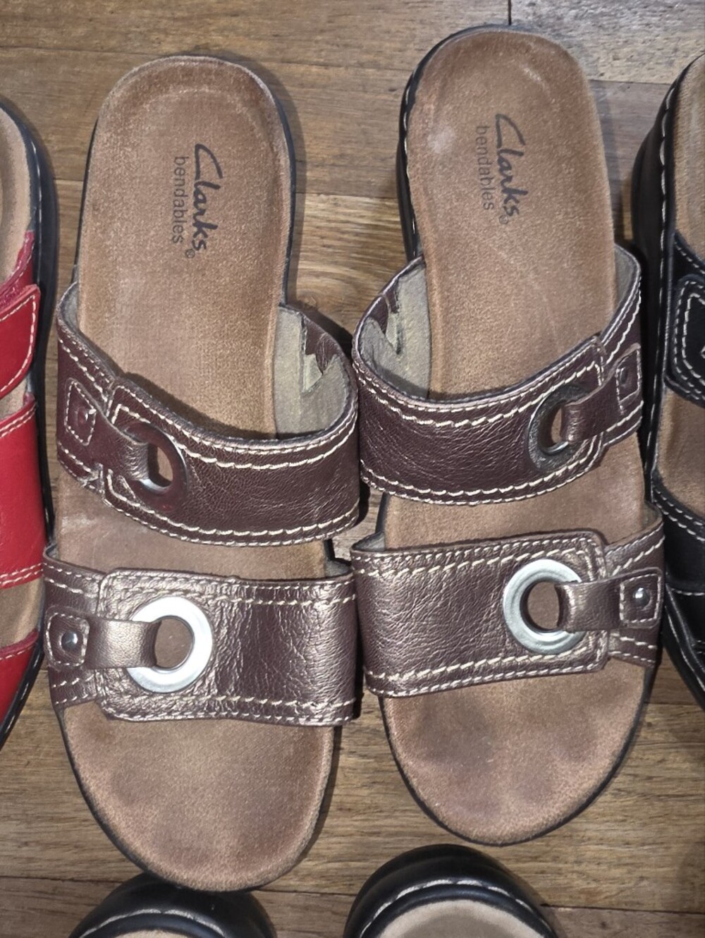Clarks Brown Leather Slide Sandals with Silver Grommets